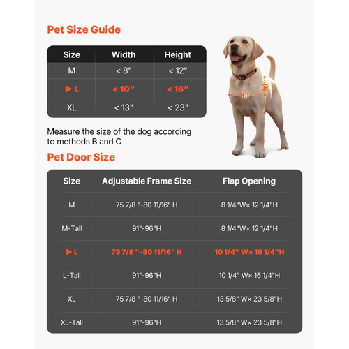 Πόρτα σκύλου VEVOR για συρόμενη γυάλινη πόρτα, ρυθμιζόμενο ύψος 2311-2439 mm, πλαίσιο από κράμα αλουμινίου με μεταλλικούς περιστρεφόμενους μεντεσέδες, σχεδιασμός κλειδαριάς, πτερύγιο 260,4 x 412,8 mm, συρόμενη γυάλινη πόρτα για κατοικίδια για ενοικιαστές