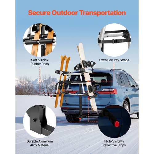 Βάση σκι και σνόουμπορντ VEVOR με ρυμούλκηση, ταιριάζει με υποδοχή 50 mm, μεταφέρει έως και 6 ζευγάρια σκι ή 4 σνόουμπορντ, Βάση αυτοκινήτου με ρυμούλκηση με κλείδωμα κλειδιού, ιμάντα ασφαλείας, πρόσβαση με κλίση, επένδυση από καουτσούκ