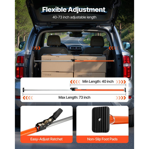 Μπάρα Αποσκευών VEVOR, Μπάρα Αποσκευών με Καστάνια Ρυθμιζόμενη από 1016mm έως 1854mm, Σταθεροποιητής Αποσκευών από Βαρύ Τύπο με Αντιολισθητικά Πέλματα, Τηλεσκοπικές Μπάρες Ασφαλείας Φορτίου για SUV, Sedan