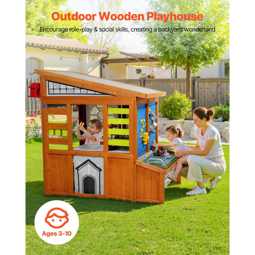 Παιδικό σπιτάκι εξωτερικού χώρου VEVOR, Ξύλινο παιδικό σπιτάκι από κέδρο με φωλιά πουλιών, κουδούνι πόρτας, κάδος απορριμμάτων, σετ τοίχου με βαρύτητα, τσέπη αποθήκευσης, περβάζι παραθύρου, ξύλινο παιδικό εξοχικό για ηλικίες 3 έως 10 ετών, στρογγυλεμένες