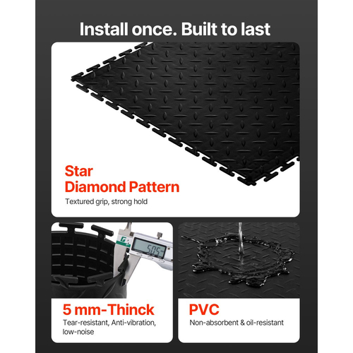 Πλακάκια δαπέδου γκαράζ VEVOR με αλληλοσύνδεση, Συσκευασία 16 τεμαχίων, 513 x 513 x 5 mm, Πλακάκια δαπέδου γκαράζ με αλληλοσύνδεση, αντιολισθητικά χαλάκια PVC με διαμαντένια πλάκα για εργαστήριο, αποθήκη, χώρο εργαλείων, μαύρο