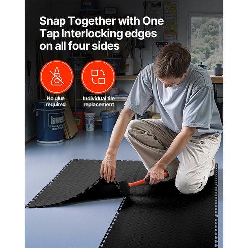 Πλακάκια δαπέδου γκαράζ VEVOR με αλληλοσύνδεση, Συσκευασία 16 τεμαχίων, 513 x 513 x 5 mm, Πλακάκια δαπέδου γκαράζ με αλληλοσύνδεση, αντιολισθητικά χαλάκια PVC με διαμαντένια πλάκα για εργαστήριο, αποθήκη, χώρο εργαλείων, μαύρο