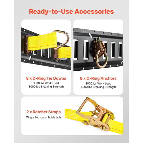 Κιτ ράγας πρόσδεσης VEVOR E-Track, συσκευασία 8 τεμαχίων (1,5m+1,2m+0,6m+0,3m) E-Track, 36 τεμάχια. Περιλαμβάνει 2 ιμάντες καστάνιας & 8 δακτυλίους Ο & 8 δακτυλίους πρόσδεσης με δακτύλιο D & 2 μονές υποδοχές & 16 καπάκια άκρων, κατάλληλο για ρυμουλκούμενα