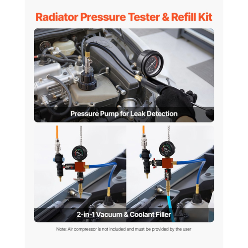 Κιτ δοκιμής πίεσης ψυκτικού VEVOR, κιτ αναπλήρωσης κενού ψυγείου 47 τεμαχίων με 3 μεταλλικούς προσαρμογείς, γενικής εφαρμογής, εργαλείο δοκιμής πίεσης συστήματος ψύξης αυτοκινήτου, με αντλία πίεσης και γέμισμα αλουμινίου-πλαστικού