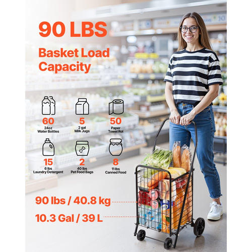 Καλάθι αγορών VEVOR, Πτυσσόμενο καρότσι παντοπωλείου με περιστρεφόμενους τροχούς, Μεγάλη χωρητικότητα φορτίου 40,8 kg, Βαρέως τύπου κυλιόμενο καλάθι πλυντηρίου Butler για πλυντήριο, ψώνια, κάμπινγκ, παντοπωλείο, αποσκευές, μαύρο