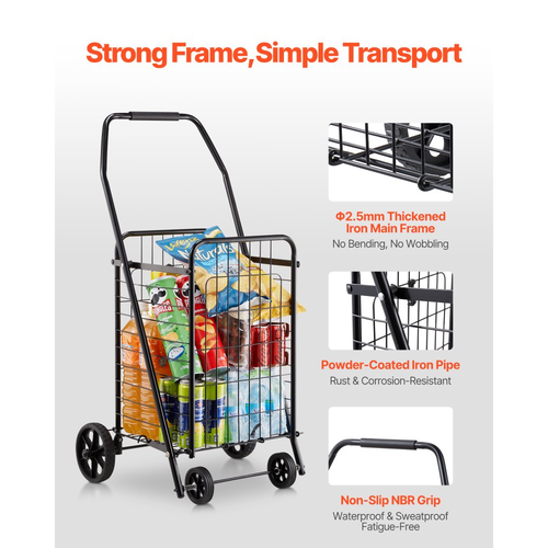 Καλάθι αγορών VEVOR, Πτυσσόμενο καρότσι παντοπωλείου με περιστρεφόμενους τροχούς, Μεγάλη χωρητικότητα φορτίου 40,8 kg, Βαρέως τύπου κυλιόμενο καλάθι πλυντηρίου Butler για πλυντήριο, ψώνια, κάμπινγκ, παντοπωλείο, αποσκευές, μαύρο