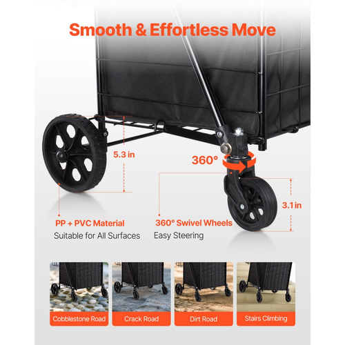 Καλάθι αγορών VEVOR, Πτυσσόμενο καρότσι παντοπωλείου με διπλά καλάθια, αδιάβροχη επένδυση και ρόδες, μεγάλη χωρητικότητα φορτίου 45 κιλών, βαρέως τύπου καλάθι πλυντηρίου για πλυντήριο, ψώνια, κάμπινγκ, παντοπωλείο, αποσκευές