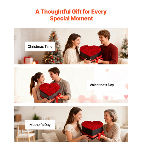 VEVOR Forever Flowers, 100 Διατηρημένα Τριαντάφυλλα σε Κουτί σε Σχήμα Καρδιάς, Αθάνατη Μπουκέτο με Αιώνια Λουλούδια, Δώρο Γενεθλίων για Γυναίκες, Συζύγους, Μητέρες, Επέτειος, Ημέρα του Αγίου Βαλεντίνου, Χριστούγεννα, Κόκκινο