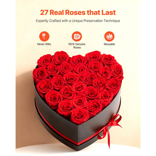 VEVOR Forever Flowers, 27 Διατηρημένα Τριαντάφυλλα σε Κουτί σε Σχήμα Καρδιάς, Αιώνια Λουλούδια, Αθάνατη Μπουκέτο, Δώρο Γενεθλίων για Παράδοση, Prime Women, Σύζυγος, Μητέρες, Επέτειος, Ημέρα του Αγίου Βαλεντίνου, Χριστούγεννα, Κόκκινο