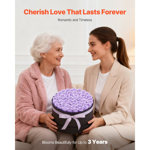 VEVOR Forever Flowers, 50 Διατηρημένα Τριαντάφυλλα σε Κουτί, Αιώνια Λουλούδια Αθάνατη Μπουκέτο Δώρο Γενεθλίων για Γυναίκες, Συζύγους, Μητέρες, Επέτειος, Ημέρα του Αγίου Βαλεντίνου, Χριστούγεννα, Μωβ Λεβάντα