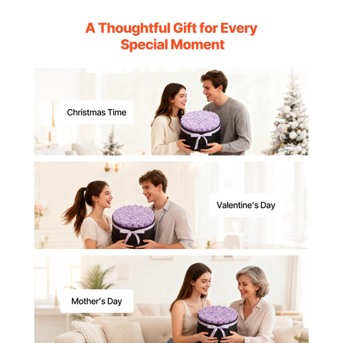 VEVOR Forever Flowers, 50 Διατηρημένα Τριαντάφυλλα σε Κουτί, Αιώνια Λουλούδια Αθάνατη Μπουκέτο Δώρο Γενεθλίων για Γυναίκες, Συζύγους, Μητέρες, Επέτειος, Ημέρα του Αγίου Βαλεντίνου, Χριστούγεννα, Μωβ Λεβάντα