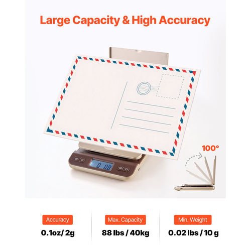 Ψηφιακή ζυγαριά αποστολής VEVOR, υψηλής ακρίβειας 2 g, ζυγαριά 40 kg με λειτουργία συγκράτησης/απόβαρου/αυτόματης απενεργοποίησης, σχεδιασμός αναδιπλούμενης βάσης και εύκολη βαθμονόμηση, κατάλληλη για οικιακή και επαγγελματική χρήση, με μπαταρία