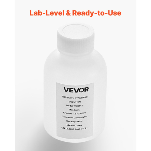 Διάλυμα βαθμονόμησης θολότητας VEVOR, 0 NTU, Χωρητικότητα 100 ml, Τυπικό ανταλλακτικό διαλύματος θολότητας για θολόμετρο, Μηδενική απόκλιση για σταθερή συγκέντρωση, Έτοιμο προς χρήση, για λευκό και κόκκινο φως