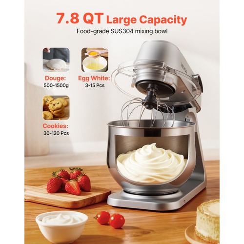 Μίξερ βάσης VEVOR, ηλεκτρικό μίξερ κουζίνας 7,4 L, μίξερ ζύμης 1800W, μίξερ τροφίμων με ανακλινόμενη κεφαλή 10 ταχυτήτων με μπολ από ανοξείδωτο ατσάλι, γάντζο ζύμης, σύρμα, αναδευτήρα, για ψήσιμο, ανάμειξη, χτύπημα και ζύμωμα, ασημί