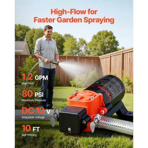 Αντλία Πίεσης Νερού VEVOR, 12V DC 1,2 GPM (4,5 L/min), Αντλία Νερού Διαφράγματος Αυτοαναρρόφησης 2 Θαλάμων με 2 Σφιγκτήρες Σωλήνων, Μέγιστη Πίεση 80 PSI, Αθόρυβη Λειτουργία, για RV, Τροχόσπιτα, Θαλάσσια, Άρδευση Κήπου