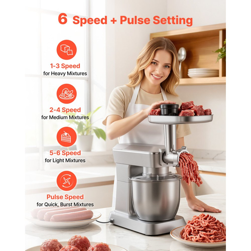 Μίξερ βάσης VEVOR, ηλεκτρικό μίξερ κουζίνας 4,3 L, μίξερ ζύμης 1300W, 6+ ταχύτητες P, ανακλινόμενο μίξερ τροφίμων με κύπελλο μπλέντερ 1,5 L, μπολ από ανοξείδωτο ατσάλι, γάντζος ζύμης, σύρμα, αναδευτήρας, για ψήσιμο, ανάμειξη, ασημί