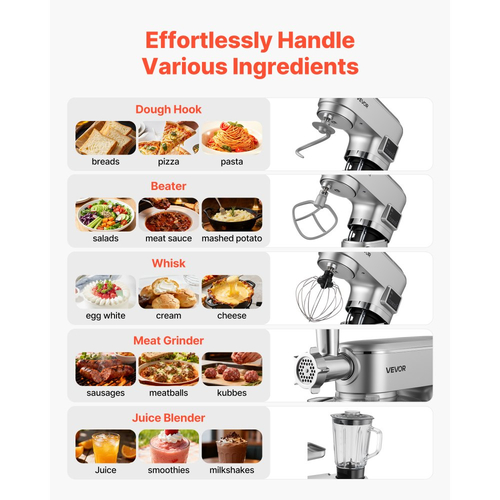 Μίξερ βάσης VEVOR, ηλεκτρικό μίξερ κουζίνας 5,7 L, μίξερ ζύμης 1500W, μίξερ τροφίμων με ανακλινόμενη κεφαλή 6+P ταχυτήτων με κύπελλο μπλέντερ 1,5 L, μπολ από ανοξείδωτο ατσάλι, γάντζος ζύμης, σύρμα, αναδευτήρας, για ψήσιμο, ανάμειξη, ασημί