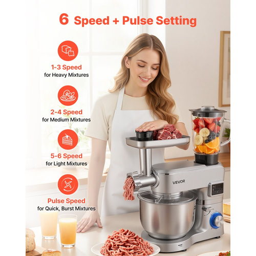 Μίξερ βάσης VEVOR, ηλεκτρικό μίξερ κουζίνας 5,7 L, μίξερ ζύμης 1500W, μίξερ τροφίμων με ανακλινόμενη κεφαλή 6+P ταχυτήτων με κύπελλο μπλέντερ 1,5 L, μπολ από ανοξείδωτο ατσάλι, γάντζος ζύμης, σύρμα, αναδευτήρας, για ψήσιμο, ανάμειξη, ασημί