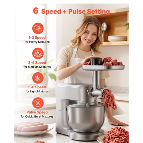 Μίξερ βάσης VEVOR, ηλεκτρικό μίξερ κουζίνας 6 λίτρων, μίξερ ζύμης 1500W, μίξερ τροφίμων με ανακλινόμενη κεφαλή 6+P ταχυτήτων με κύπελλο μπλέντερ 1,5 λίτρων, μπολ από ανοξείδωτο ατσάλι, γάντζος ζύμης, σύρμα, αναδευτήρας, για ψήσιμο, ανάμειξη, ασημί