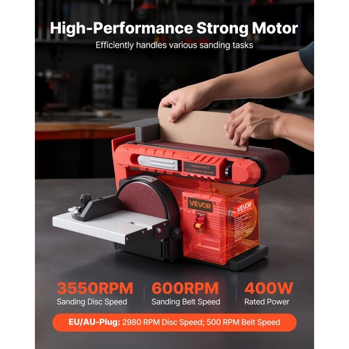 Τριβείο δίσκου VEVOR 152,4 mm & Ταινιολειαντήρας 101,6 mm x 914,4 mm, Επαγγελματικός συνδυασμός τριψίματος με ταινία δίσκου 400W με ρυθμιζόμενο τραπέζι εργασίας 0 - 45°, θύρα συλλογής σκόνης για ξυλουργική και κατασκευές DIY