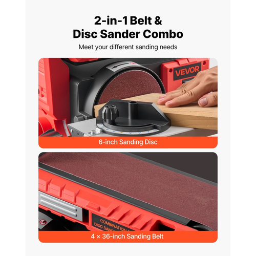 Τριβείο δίσκου VEVOR 152,4 mm & Ταινιολειαντήρας 101,6 mm x 914,4 mm, Επαγγελματικός συνδυασμός τριψίματος με ταινία δίσκου 400W με ρυθμιζόμενο τραπέζι εργασίας 0 - 45°, θύρα συλλογής σκόνης για ξυλουργική και κατασκευές DIY