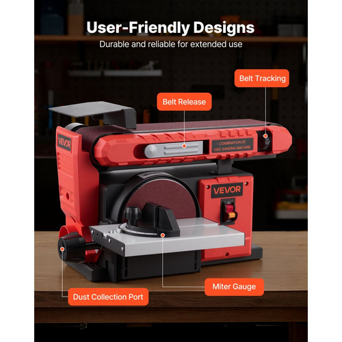 Τριβείο δίσκου VEVOR 152,4 mm & Ταινιολειαντήρας 101,6 mm x 914,4 mm, Επαγγελματικός συνδυασμός τριψίματος με ταινία δίσκου 400W με ρυθμιζόμενο τραπέζι εργασίας 0 - 45°, θύρα συλλογής σκόνης για ξυλουργική και κατασκευές DIY