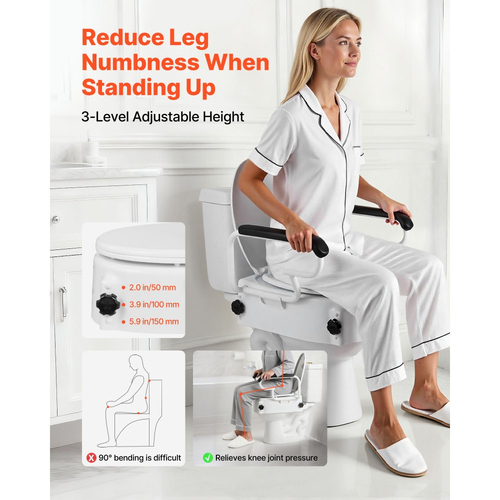 VEVOR Υπερυψωμένο Κάθισμα Λεκάνης με Μπράτσα, Χωρητικότητα Φόρτισης 136,1 kg, Ρυθμιζόμενο Ύψος 3 Επιπέδων, Διευρυμένο Ανυψούμενο Κάθισμα Λεκάνης με Επενδυμένες Λαβές για Ηλικιωμένους, Ηλικιωμένους, ΑΜΕΑ, ΑΜΕΑ, Ενήλικες