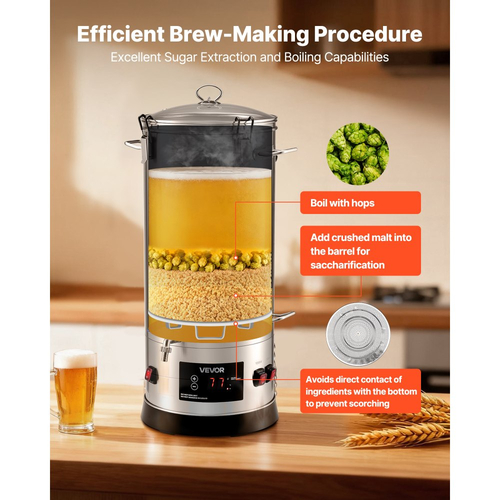 Ηλεκτρικό σύστημα ζυθοποίησης VEVOR, οικιακή μηχανή ζυθοποίησης μπύρας 8 γαλονιών/30 λίτρων, σώμα από ανοξείδωτο ατσάλι 304, συσκευή βρασμού με ενσωματωμένο εσωτερικό βαρέλι και ενισχυμένη λαβή, θερμοκρασία 25-100℃