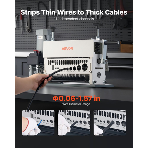 Ηλεκτρική μηχανή απογύμνωσης καλωδίων VEVOR, 1,5-40 mm, Αυτόματος απογυμνωτής καλωδίων χαλκού 11 καναλιών, Εργαλείο απογύμνωσης καλωδίων 370W με χειροκίνητη λειτουργία στροφάλου, Κουμπί διακοπής έκτακτης ανάγκης, για ανακύκλωση χαλκού