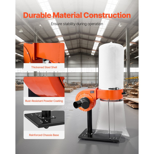 Συλλέκτης σκόνης VEVOR, Συλλέκτες σκόνης κώνου Vortex 800 CFM 2,5 Micron, Σύστημα συλλογής πριονιδιού 1HP με σακούλα συλλογής σκόνης 60L, σακούλα φίλτρου και ροδάκια, υψηλής ταχύτητας 2800 RPM, για ξυλουργική