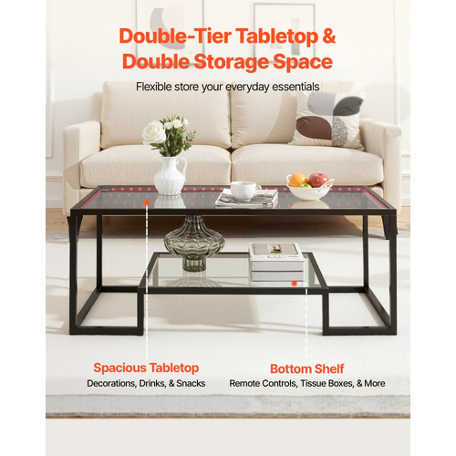 Τραπεζάκι σαλονιού VEVOR, Μοντέρνο τραπεζάκι σαλονιού από σκληρυμένο γυαλί με φωτισμό, Ορθογώνιο κεντρικό γραφείο 2 επιπέδων από γυαλί με ανοιχτό αποθηκευτικό χώρο, Μινιμαλιστικό μεταλλικό γραφείο με διακοσμητική διακόσμηση για σαλόνι, Γραφείο, Εύκολη συναρμολόγηση