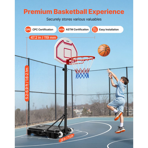Φορητή βάση μπάσκετ VEVOR, μπασκέτα μπάσκετ με ρύθμιση ύψους 1,6 έως 2,1 μ. & τέρμα, ρυθμιζόμενη μπασκέτα μπάσκετ για παιδιά με νάιλον δίχτυ & ρόδες, φορητό σετ ταμπλό για βεράντες, δίπλα στην πισίνα