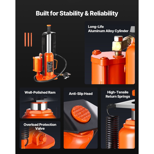 Υδραυλικός γρύλος μπουκαλιών VEVOR Air, μέγιστης χωρητικότητας 12 τόνων, εύρος ανύψωσης 265-505 mm, πνευματικός/χειροκίνητος γρύλος μπουκαλιών βαρέως τύπου με χειροκίνητη αντλία για SUV, Pick-up, φορτηγό και επισκευή αυτοκινήτων, πορτοκαλί
