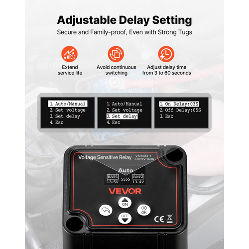 Κιτ διπλής απομόνωσης μπαταρίας VEVOR, 12V 140 Amp, χειροκίνητο και αυτόματο ρελέ VSR ευαίσθητο στην τάση με βολτόμετρο, οθόνη LCD, έξυπνος απομονωτής μπαταρίας, συμβατό με μπαταρίες μολύβδου-οξέος, για UTV, ATV