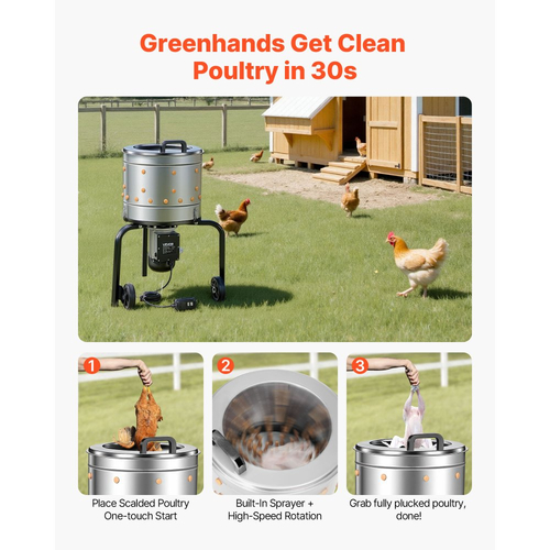 Μηχανή απολέπισης κοτόπουλων VEVOR, τύμπανο 400 mm, ηλεκτρική μηχανή απολέπισης κοτόπουλων 500 W & 230 στροφές/λεπτό με 114 μαλακά δάχτυλα & τροχούς μεταφοράς, αφαίρεση φτερών από ανοξείδωτο ατσάλι για επεξεργασία 1-2 νεοσσών μία φορά