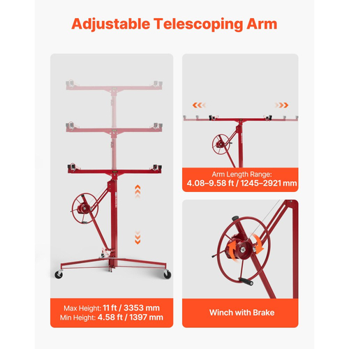 Ανυψωτικό Γυψοσανίδας VEVOR 3353mm, Βαρέως Τύπου Ανυψωτικό Γυψοσανίδας 68 kg με Ρυθμιζόμενο Τηλεσκοπικό Βραχίονα, Κλειδώσιμους Τροχούς, Εργαλεία Ανύψωσης Γυψοσανίδας με Ανυψωτικό Πάνελ, Ιδανικά για Εγκατάσταση σε Οροφή & Τοίχο (Κόκκινο)