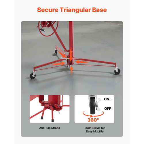 Ανυψωτικό Γυψοσανίδας VEVOR 3353mm, Βαρέως Τύπου Ανυψωτικό Γυψοσανίδας 68 kg με Ρυθμιζόμενο Τηλεσκοπικό Βραχίονα, Κλειδώσιμους Τροχούς, Εργαλεία Ανύψωσης Γυψοσανίδας με Ανυψωτικό Πάνελ, Ιδανικά για Εγκατάσταση σε Οροφή & Τοίχο (Κόκκινο)