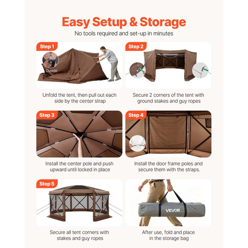 Σκηνή VEVOR με Αναδιπλούμενο Σήμα για Κιόσκι, Μεγάλη Σκηνή Κάμπινγκ 8 Όψεων 3,6x3,6 μ. με Αφαιρούμενη Επιφάνεια & Τσάντα Μεταφοράς, Γρήγορης Τοποθέτησης & Ανθεκτική στα Δαγκώματα, Σήτα για Σκίαστρο για Αυλή 12-15 Άτομα, Καφέ