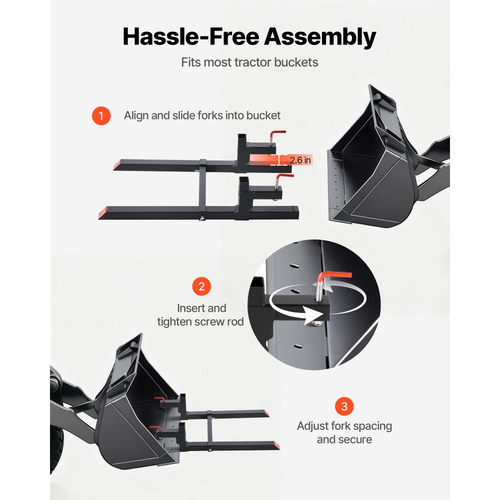 Πιρούνια παλετών VEVOR, πιρούνια παλετών με σφιγκτήρα 907 kg, πιρούνι τρακτέρ βαρέως τύπου συνολικού μήκους 109 cm με ρυθμιζόμενη ράβδο σταθεροποίησης για εξαρτήματα τρακτέρ, κάδο φορτωτή και σύστημα διεύθυνσης ολίσθησης, μαύρο
