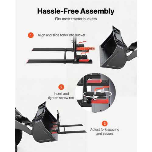 Πιρούνια παλετών VEVOR, πιρούνια παλετών με σφιγκτήρα 1814 kg, πιρούνι τρακτέρ βαρέως τύπου συνολικού μήκους 149 cm με αντικριστή ράβδο και ρυθμιζόμενη ράβδο σταθεροποίησης, κατάλληλο για τρακτέρ με κουβά φορτωτή και σύστημα διεύθυνσης, μαύρο