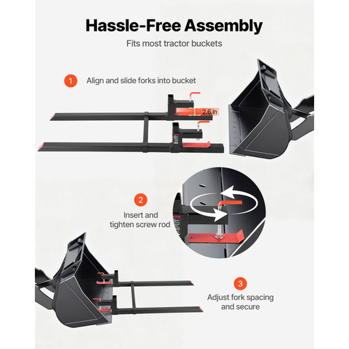 Πιρούνια παλετών VEVOR, πιρούνια παλετών με σφιγκτήρα 907 kg, πιρούνι τρακτέρ βαρέως τύπου συνολικού μήκους 149 cm με ρυθμιζόμενη ράβδο σταθεροποίησης για εξαρτήματα τρακτέρ, κάδο φορτωτή και σύστημα διεύθυνσης ολίσθησης, μαύρο
