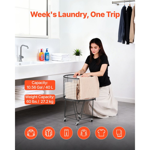 Καλάθι Πλυντηρίου VEVOR, Κυλιόμενο Στρογγυλό Καλάθι Παντοπωλείου με Περιστρεφόμενους Τροχούς 360°, Μεγάλη Χωρητικότητα Φορτίου 27 KG, Βαρέως Τύπου Καλάθι Αγορών από Ανθρακούχο Χάλυβα για Πλύσιμο, Ψώνια, Κάμπινγκ, Παντοπωλείο, Αποσκευές