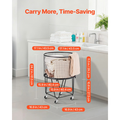 Καλάθι Πλυντηρίου VEVOR, Κυλιόμενο Στρογγυλό Καλάθι Παντοπωλείου με Περιστρεφόμενους Τροχούς 360°, Μεγάλη Χωρητικότητα Φορτίου 27 KG, Βαρέως Τύπου Καλάθι Αγορών από Ανθρακούχο Χάλυβα για Πλύσιμο, Ψώνια, Κάμπινγκ, Παντοπωλείο, Αποσκευές