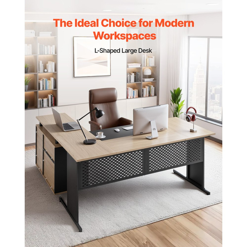 Γραφείο VEVOR σε σχήμα L, Μοντέρνο αναστρέψιμο τραπέζι γραφείου με συρτάρια και ντουλάπι αποθήκευσης, Βαρέως τύπου μεγάλο ξύλινο τραπέζι γραφείων, Χωρητικότητα φορτίου 158,7 kg, Εύκολη συναρμολόγηση, για συγγραφή εργασιών και μελέτης