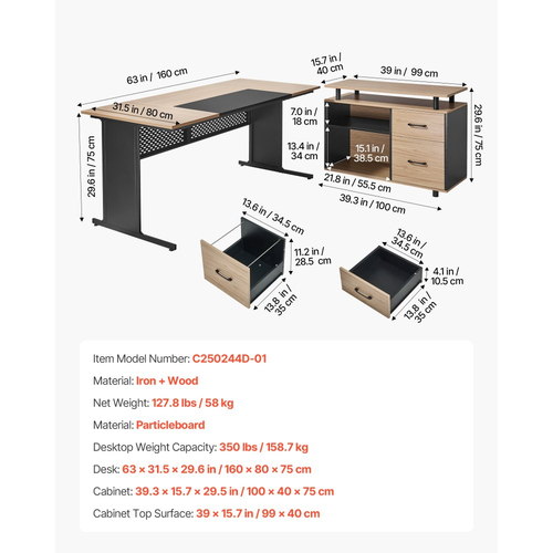 Γραφείο VEVOR σε σχήμα L, Μοντέρνο αναστρέψιμο τραπέζι γραφείου με συρτάρια και ντουλάπι αποθήκευσης, Βαρέως τύπου μεγάλο ξύλινο τραπέζι γραφείων, Χωρητικότητα φορτίου 158,7 kg, Εύκολη συναρμολόγηση, για συγγραφή εργασιών και μελέτης