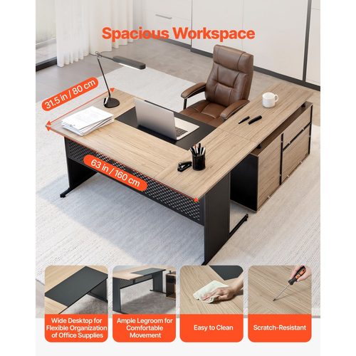 Γραφείο VEVOR σε σχήμα L, Μοντέρνο αναστρέψιμο τραπέζι γραφείου με συρτάρια και ντουλάπι αποθήκευσης, Βαρέως τύπου μεγάλο ξύλινο τραπέζι γραφείων, Χωρητικότητα φορτίου 158,7 kg, Εύκολη συναρμολόγηση, για συγγραφή εργασιών και μελέτης