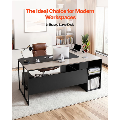 Γραφείο VEVOR σε σχήμα L, Μεγάλο μοντέρνο τραπέζι γραφείου με συρτάρια και ντουλάπι αποθήκευσης, Βαρέως τύπου ξύλινο τραπέζι γραφείων με βάση CPU, Χωρητικότητα φορτίου 158,7 kg, Εύκολη συναρμολόγηση, για συγγραφή εργασιών και μελέτης