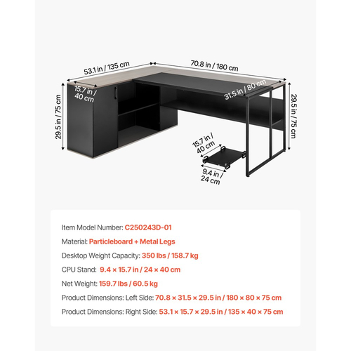 Γραφείο VEVOR σε σχήμα L, Μεγάλο μοντέρνο τραπέζι γραφείου με συρτάρια και ντουλάπι αποθήκευσης, Βαρέως τύπου ξύλινο τραπέζι γραφείων με βάση CPU, Χωρητικότητα φορτίου 158,7 kg, Εύκολη συναρμολόγηση, για συγγραφή εργασιών και μελέτης