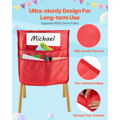 Θήκες καρέκλας VEVOR για την τάξη, 12 τεμάχια, 17 x 19 ίντσες τσέπη για την πλάτη της καρέκλας με ετικέτα ονόματος, 6 φωτεινά χρώματα, οργανωτής πλάτης καρέκλας για παιδιά στην τάξη, το νηπιαγωγείο, το σχολείο και το σπίτι