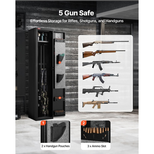 VEVOR Gun Safe, βαρέως τύπου ψυχρής έλασης ατσάλινο πυρίμαχο θάλαμο τυφεκίου με δακτυλικό αποτύπωμα, ψηφιακό πληκτρολόγιο και κλειδί, μεγάλο μακρύ θάλαμο όπλου με γεμιστήρα και LED, ρυθμιζόμενες βάσεις για τυφέκια, πιστόλια, κυνηγετικό όπλο